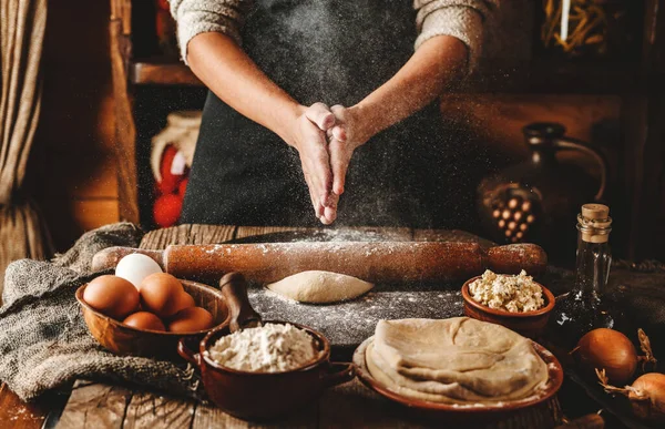 Woman Hands Cooking Dough Rustic Wooden Background White Flour Flying — Stock Photo, Image