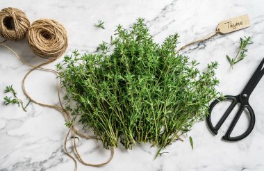 Kekik sürüsü. Hafif mermer arka planda taze kekik buketi jüt sicim ve makas karışımı. Üst görünüm