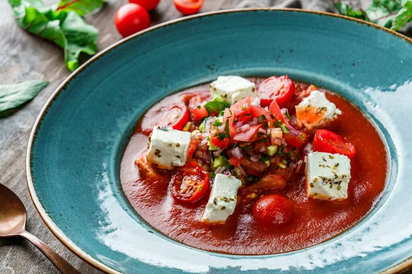 Томатний Крем Суп Gazpacho Огірками Болгарським Перцем Зеленню Сиром Фета — стокове фото