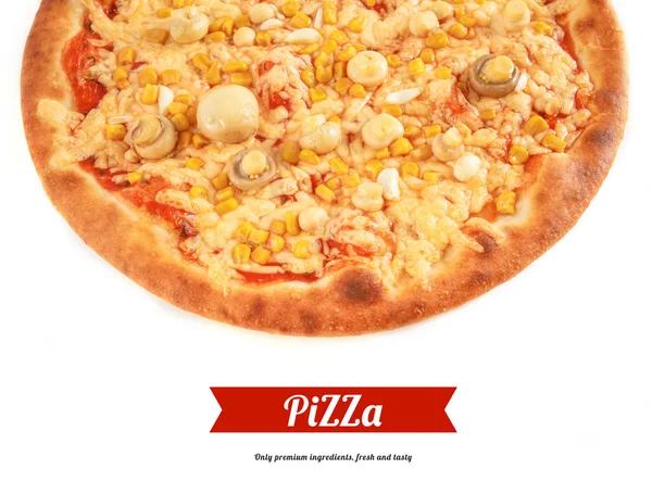 Pizza med svamp, majs, ost — Stockfoto