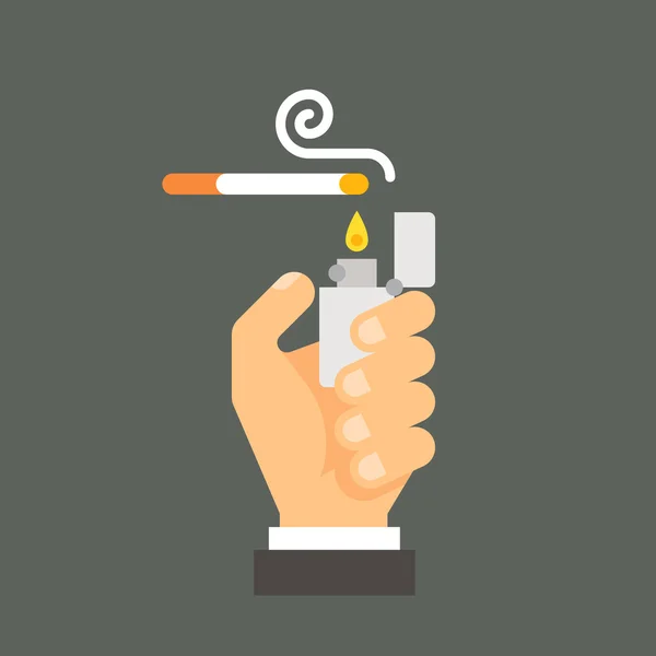 Плоска рука дизайну тримає запальничку та сигарету — стоковий вектор