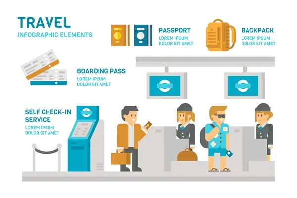 Düz tasarım check-in sırasında Havaalanı seyahat — Stok Vektör