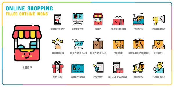 Conjunto Iconos Estilo Esquema Lleno Compras Línea Gráficos vectoriales