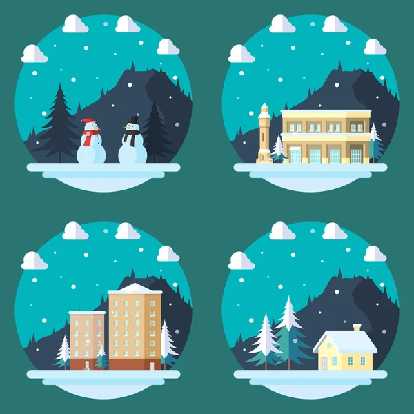 Pack of flat design winter scenes — Stock Vector