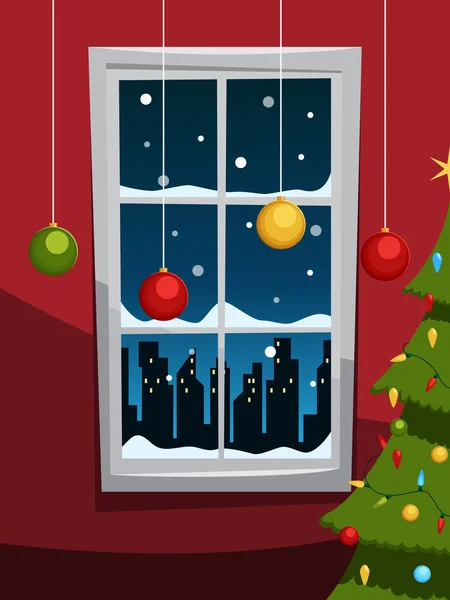 Noche de Navidad con árbol y ventana — Vector de stock