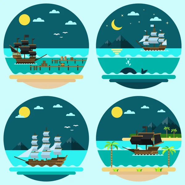 Flat design of pirate ships sailing — Stock Vector