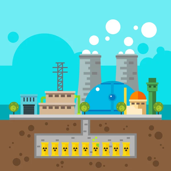 Nuclear plant and nuclear waste underground Flat design — Stock Vector