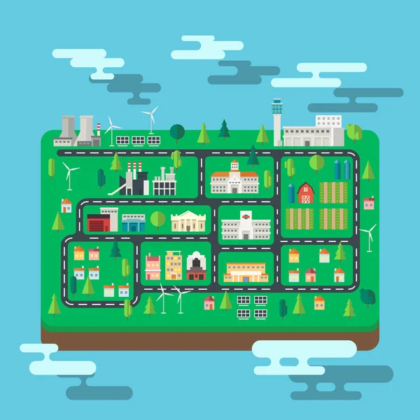 Vista aérea mapa de la ciudad en una isla — Vector de stock