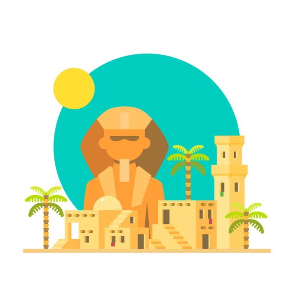 Diseño plano de Esfinge Giza con pueblo — Vector de stock