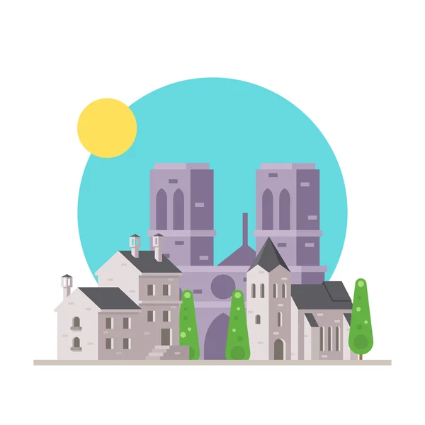 Diseño plano de Notre Dame Francia con pueblo — Vector de stock