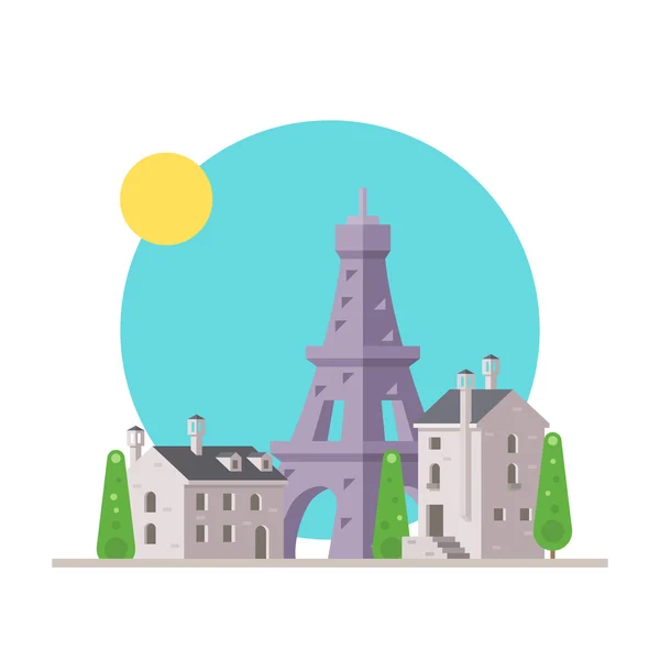 Platte ontwerp van de toren van Eiffel Frankrijk met dorp — Stockvector