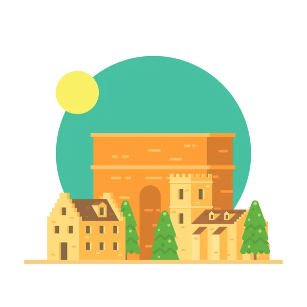 Flat design of Trajan's arch Italy with village — Stock Vector