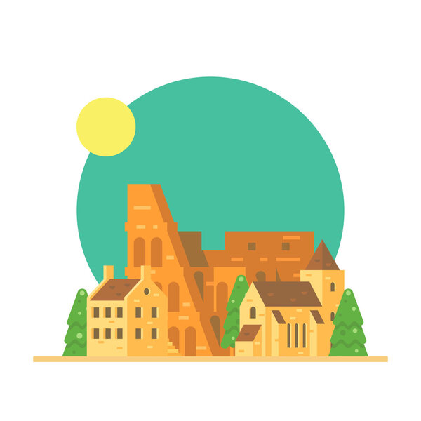 Flat design of Colloseum Italy with village