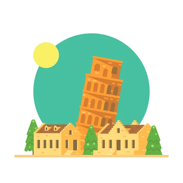 Diseño plano de la torre inclinada de Pisa Italia con pueblo — Vector de stock