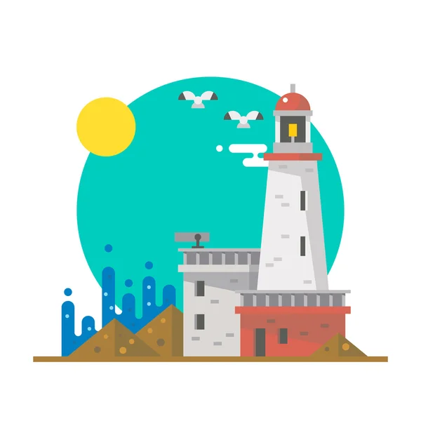 ビーチの上の灯台のフラットなデザイン — ストックベクタ