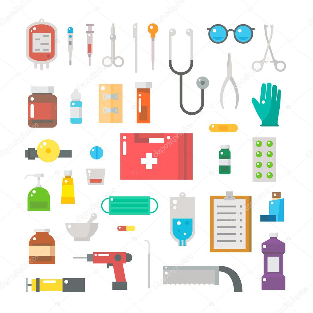 Flat design of medical equipments set