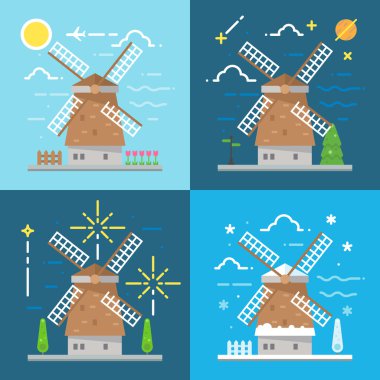 Flat design 4 styles of windmill Amsterdam Netherland