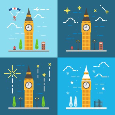 Flat design 4 styles of Big ben clock tower London United Kingdo