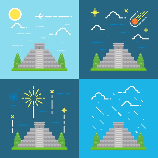 Diseño plano 4 estilos de Chichén Itzá Yuacatán México — Archivo Imágenes Vectoriales