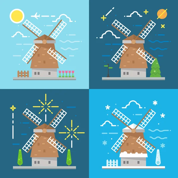 Design plano 4 estilos de moinho de vento Amsterdam Netherland — Vetor de Stock