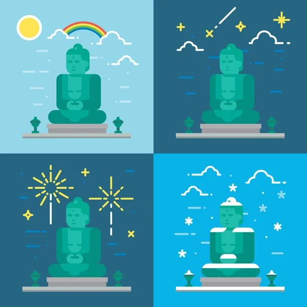 Flat design4 styles of Kamakura Buddha Kanagawa Japan — Stockvector