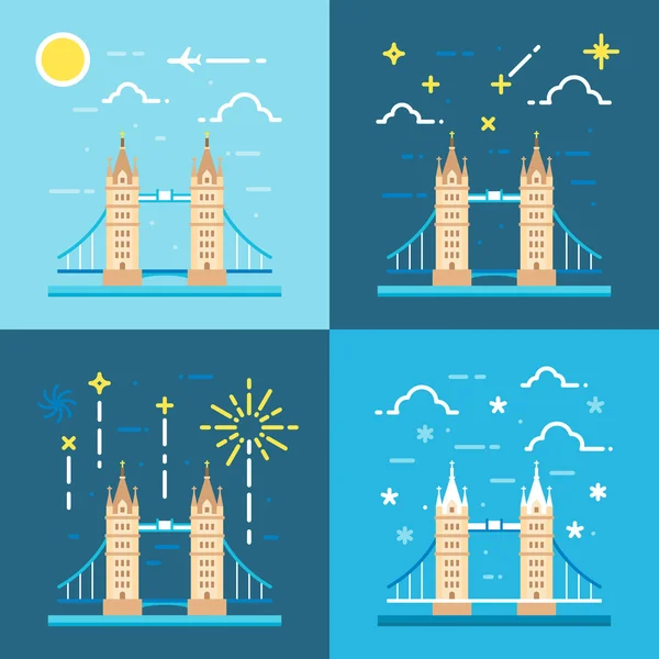 Flat design 4 styles of tower bridge UK — Stockvector