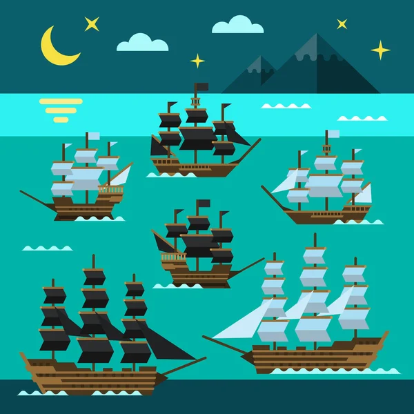 Navegación barcos piratas conjunto — Vector de stock