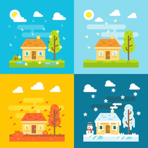 4 seasons house flat design set — Stock Vector