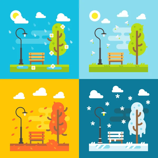 4 seasons park flat design set — Stock Vector