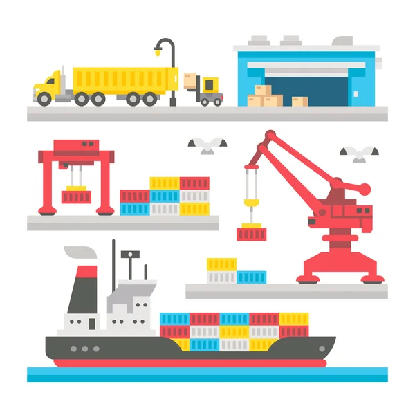 Flat design cargo port equipment — Stock Vector