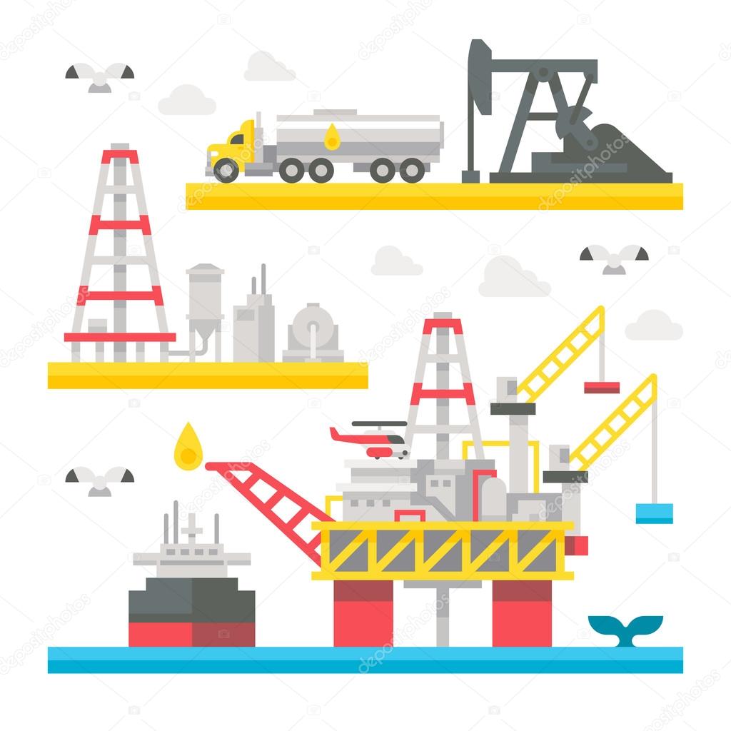 Flat design oil rig set