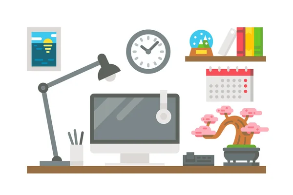 Flat design working desk decor — Stock Vector