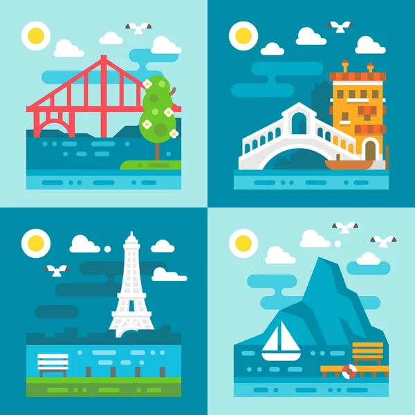 Platte ontwerpset romantische landmark — Stockvector