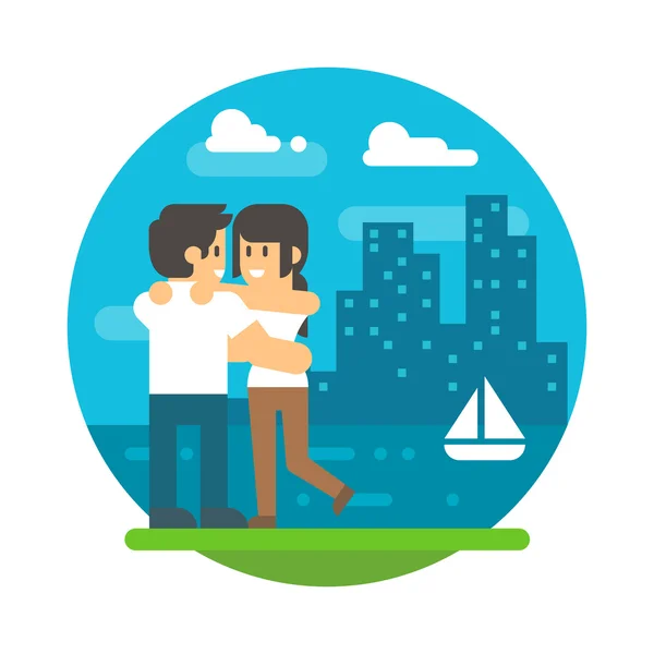 Pareja de diseño plano abrazándose cerca del río — Vector de stock