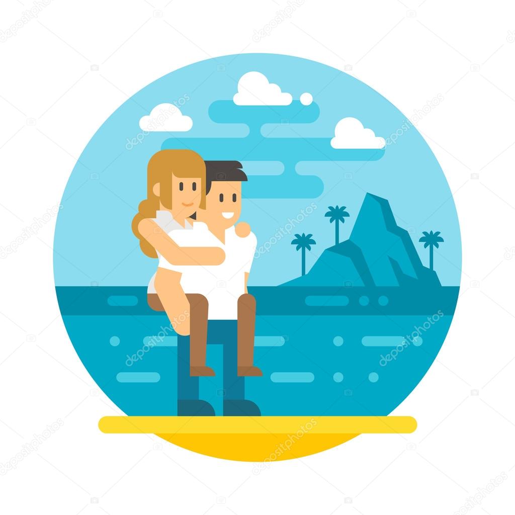 Flat design couple piggyback  beach 