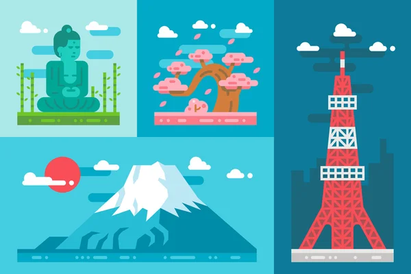 Platte japan bezienswaardigheden ontwerpset — Stockvector