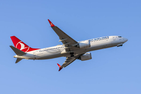 Luqa, Malta - June 15, 2021: Turkish Airlines Boeing 737-8 MAX (REG: TC-LCE) departing runway 13 back to Istanbul, Turkey.