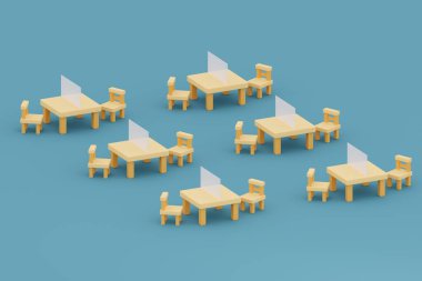 Okuldaki çalışma odasında bölmeli masa ve sandalyeler, 3 boyutlu illüstrasyon