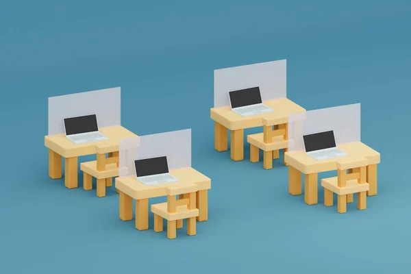 Masada dizüstü bilgisayar ve ofiste çalışmak için bölümlü sandalyeler, 3D illüstrasyon