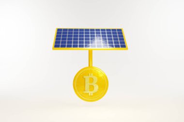 Güneş pili paneli olan bitcoin beyaz arkaplan üzerinde izole, 3d illüstrasyon 