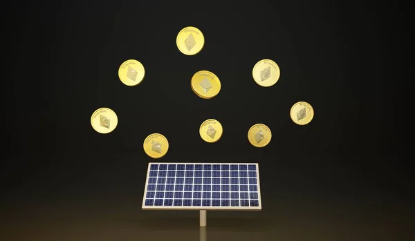 Ethereumコイン暗号通貨 3Dイラスト付きの太陽電池パネル — ストック写真