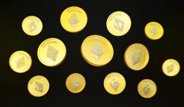 Ethereum madeni para havada süzülür, 3 boyutlu illüstrasyon.