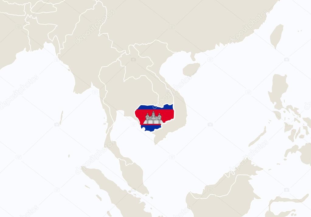 Asia with highlighted Cambodia map.