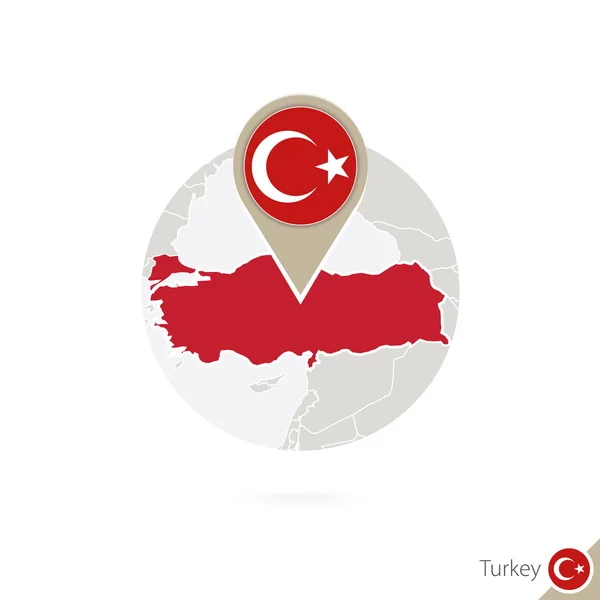 Turkiet karta och flagga i cirkel. Karta över Turkiet, Turkiet flagga PIN-kod. — Stock vektor