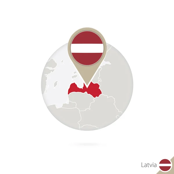 Letland kaart en vlag in de cirkel. Kaart van Letland, Letland vlag pin. — Stockvector