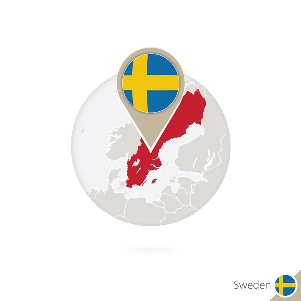 Zweden kaart en vlag in de cirkel. Kaart van Zweden, Zweden vlag pin. — Stockvector