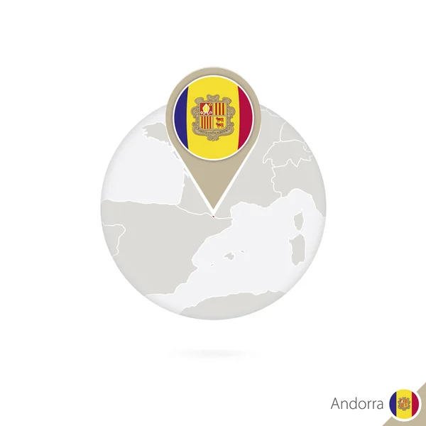 Andorra kaart en vlag in de cirkel. Kaart van Andorra, Andorra vlag pin. — Stockvector