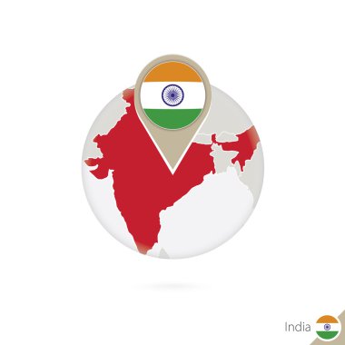 India map and flag in circle. Map of India, India flag pin.