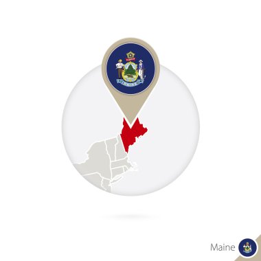 Maine US State map and flag in circle. Map of Maine, Maine flag.