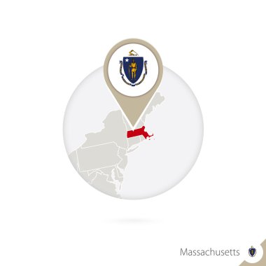Massachusetts US State map and flag in circle. Map of Massachusetts.